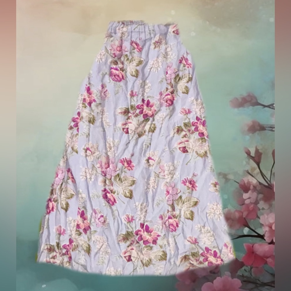April Cornell Lavender Maxi Skirt with Pink & Green Floral Print